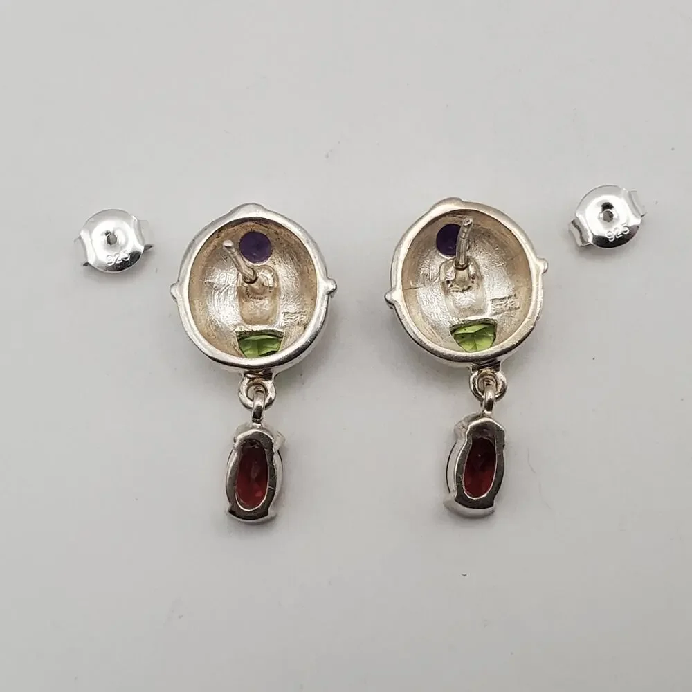Vintage 925 Sterling Silver Multistone Post Earrings Amethyst Peridot Garnet - Picture 4 of 6